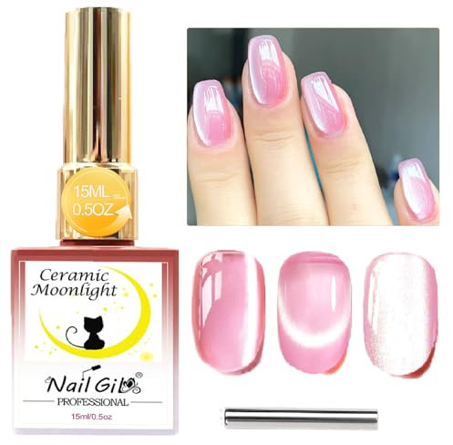 NAILGIL Jelly Glass Cat Eye Gel Nail Polish 15ml Smooth Magnetic Gel Polish with Magnet Stick Ceramic Cats Eye Nail Gel Shimmer Translucent Sheer Gel Soak Off Salon Quality, 0.5oz-Pink