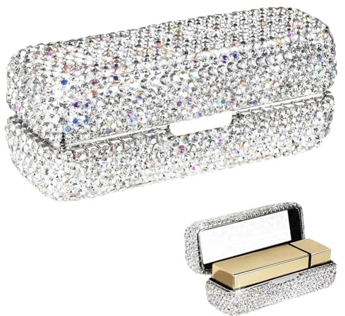 BAOZOON Boîte de rangement pour rouge à lèvres avec miroir et strass, blanc