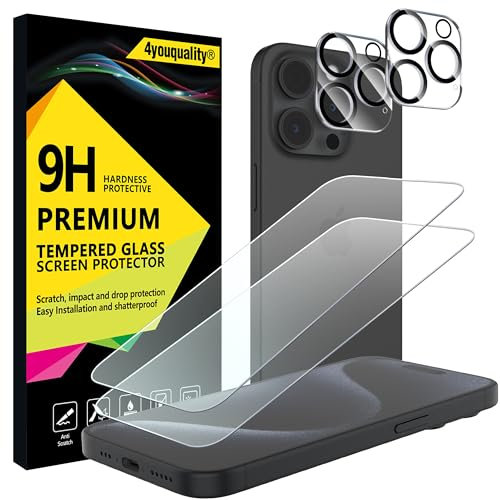 4youquality [4-in-1 Screen Protector for iPhone 15 Pro with Camera Lens Protector, Tempered Glass Film, 2-Pack Each, [LifetimeSupport][Impact-Resistant][Anti-Scratch][Ultra-Transparent]