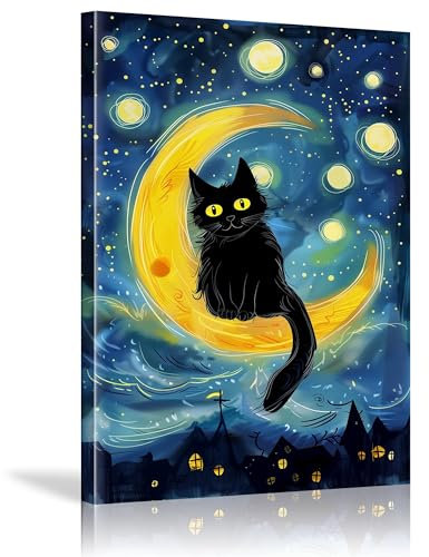 BFKJDS Leinwandbild, Motiv: Van Gogh, Sternennacht mit lustiger schwarzer Katze, Reproduktion, Wandkunst, Heimdekoration, Bild, 30 x 45 cm, gespannt und gerahmt, fertig zum Aufhängen