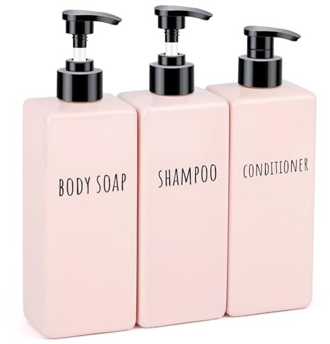 Segbeauty Distributeur Savon, 3 Pièces 500ml Distributeur Gel Douche, Soap Dispenser en Plastique, Flacon Pompe avec Étiquette Imprimée, Bouteille Shampoing Vide pour Salle de Bain (Rose)