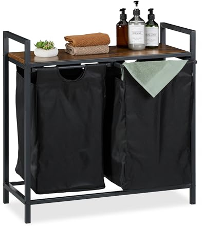 Relaxdays Cesto Ropa Sucia con Balda, 72 x 73 x 33 cm, 2 Sacos Extraíbles, Diseño Industrial, Cubo Colada, Negro/Marrón