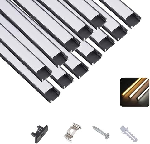 T&K LED Aluminium Profil 12 x 1M U-Form Schwarz mit Abdeckung Opal und Endkappen, Montageklammer, Eckprofil Eloxiert Für LED-Streifen und LED-Stripes