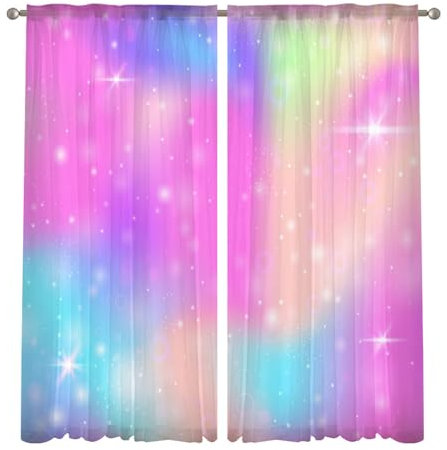 Odot Halbtransparente Vorhänge, Farbverlauf Bunt Voile Vorhang Stangentasche Gardinen Vorhang Ösenvorhang 2 Stück Fensterschal Moderne Vorhänge Fenster für Wohnzimmer (108x245cm,Glänzend)