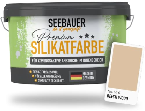 SEEBAUER diy Silikatfarbe Hellbraun 2,5L für Innen (No. 616 Beech Wood) Atmungsaktive Mineralfarbe für Allergiker - Abwaschbare Wandfarbe - Brauntöne hohe Deckkraft