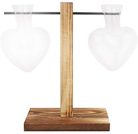 Gsycle Glass Vase with Wooden Stand, Heart Ball Shape Hydroponic Plant Container Heart Plant Stand for Tabletop Desk Office Home Decorations