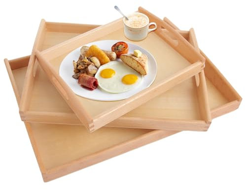 SHUESS 3 Pack Wooden Tray - 3 Size Rectangular Bamboo Trays with Handles - Trays for Food Serving - Large Serving Tray with Handles for Breakfast, Tea, Coffee, Eating