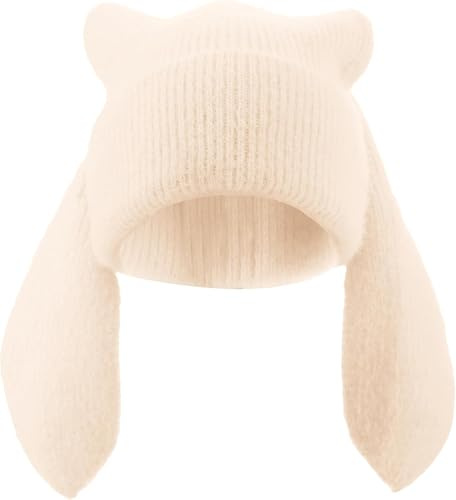 YWTAENOH Bunny Beanie Mützen für Damen, Kaninchen, Häkelmütze, Wintermütze, warme Totenkopfmütze, Outdoor-Ski-Strickmütze, beige, Einheitsgröße