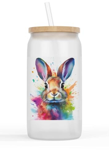 Merchandise for Fans Glasbecher mit Bambusdeckel und Strohhalm |Trinkglas |Saftglas | 550ml - Wildtier Wald Hase Kaninchen 102