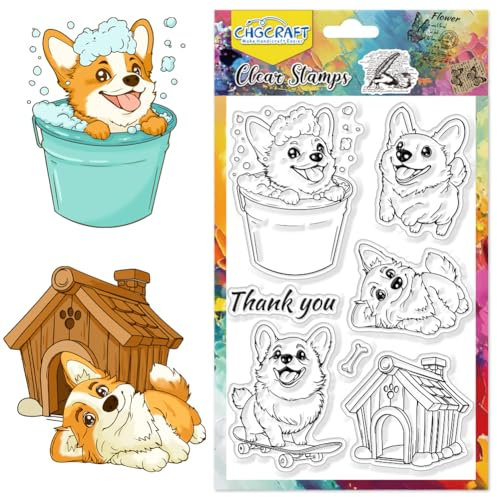 CHGCRAFT Niedlicher Corgi Clear Stempel Spielende Hunde Transparente Bastel Stempel für DIY Scrapbooking Fotoalbum Dekorative Karten Machen, Hundehaus und Haustiere, 6.3x4.3 Zoll
