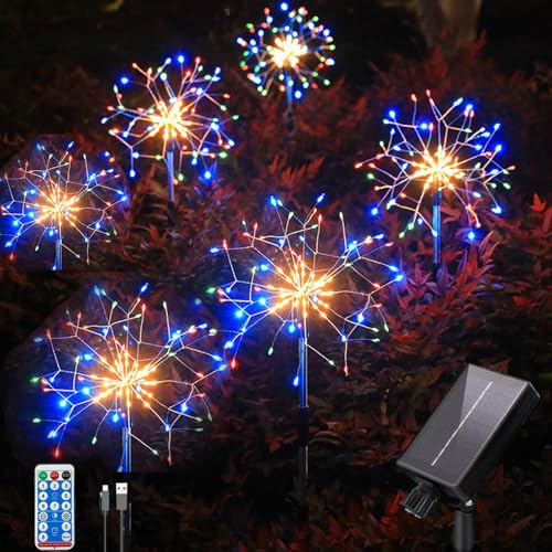 YZYOE 6 Pack 900 LED a terra solare esterna ha inserito luci colorate di fuochi d'artificio con telecontrol, Impermeabile Solar & USB Powered Courtyard Lights, 8 modalità DIY Light.