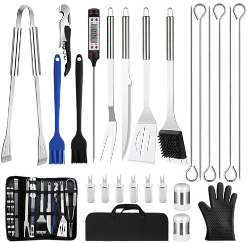 NXPZ 27Pcs Set de Barbecue en Acier Inoxydable, Ensemble d’Ustensiles de Grillade Professionnels, Accessoires Barbecue, avec Sac de Rangement, pour Camping, Pique-Nique, pour Hommes