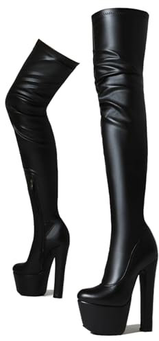Ceciloroda Ultra-High Block Heel Stivali Alti Overknee Pole Danza Scarpe Platform Dressy Stivali Stripper Heels per donne Exotic Patent Black Size 44