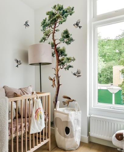 WandSticker4U®- [extra groß] Wandtattoo BAUM XXL realistisch (111x182 cm) I Wandsticker Baum Tiere groß Vögeln Eichhörnchen I Wandaufkleber Wanddeko Wohnzimmer Schlafzimmer Erwachsene Flur