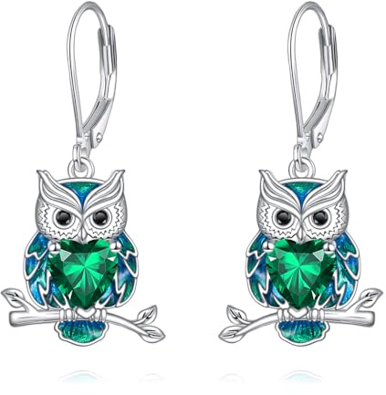 ONEFINITY Eule Ohrringe 925 Sterling Silber Eule baumeln Ohrringe Birthstone Tiere Schmuck Geschenke für Damen
