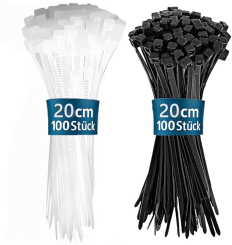 200 Stück Kabelbinder Schwarz und Weiß, Wiederverschließbar Kabelbinder UV Beständig 200mm × 3,6mm Nylon für Industrie, Gartenbau, Kabelindustrie