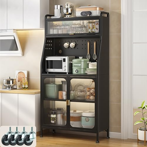 Fiutazge Buffet Haut Cuisine de Rangement,Armoire,Vaisselier,Meuble de Cuisine avec Plan de Travail,roulettes Pivotantes et Étagères Réglables,pour Salon 160H x 36L x 66W cm (Noir)