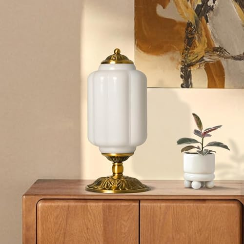 Stesulfr Tischlampe aus Milchglas modernes Bauernhaus Design mit Sockel in antikem Messing Finish grüne Schreibtischleuchte grünes Kürbis Design geripptes Glas Vintage Nachttischlampe Schlafzimmer