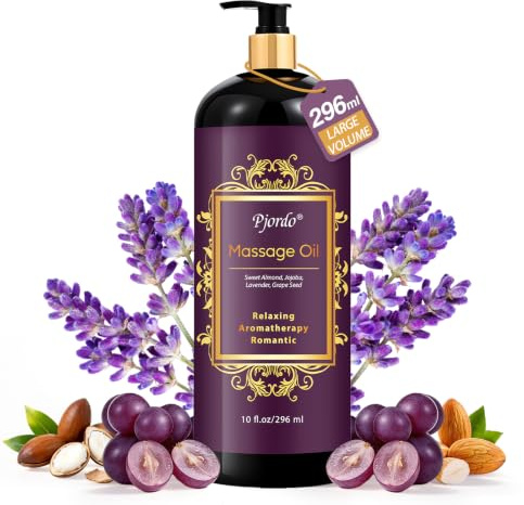 Pjordo Aromatherapy Lavender Massage Oil for Skin, 296ml Relaxing Body Massages Oil for Massage Therapy, with Grape Seed, Sweet Almond & Jojoba, Spa Quality Oils for Soothing, Calming