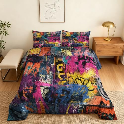 Generisch Bunte Graffiti Bettdecke 200x200 4 Jahreszeiten, Ohne Bezug, 2 Kissenbezüge 80x80, Hippie Street Hip Hop Motiv Wende Steppdecke, Schlafzimmer Deko, Geschenke, Superweich - S&E129