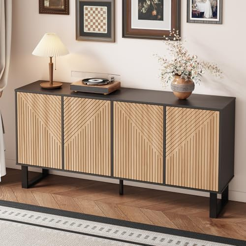 OLIVIBED Sideboard im Landhausstil, Kommode mit 4 Türen, Anrichte mit Beine, Highboard für Esszimmer & Schlafzimmer, Griffloses Design, Naturfarbe und Schwarz, 160x38x75cm