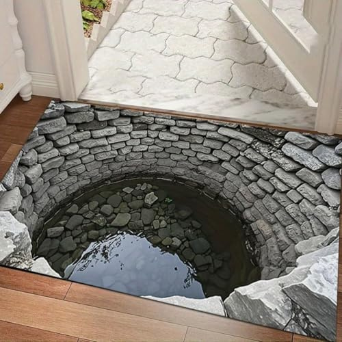 EUxrbanime 3D Teppich Optische Täuschung Loch Steinbrunnen mit Baumspiegelung Motiv, 3D Effekt Fussmatte Teppich Loch Im Boden Türmatte für Wohnzimmer Dauerhaft