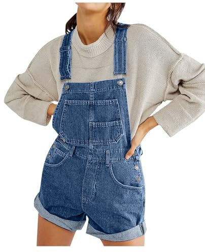 Keepink Women's Denim Overalls Shorts Dungarees Bib Jeans Shortalls Rompers Sleeveless Adjustable Strappy Summer Jumpsuit Shorts Vintage Loose Casual Wide Leg Romper with Pockets