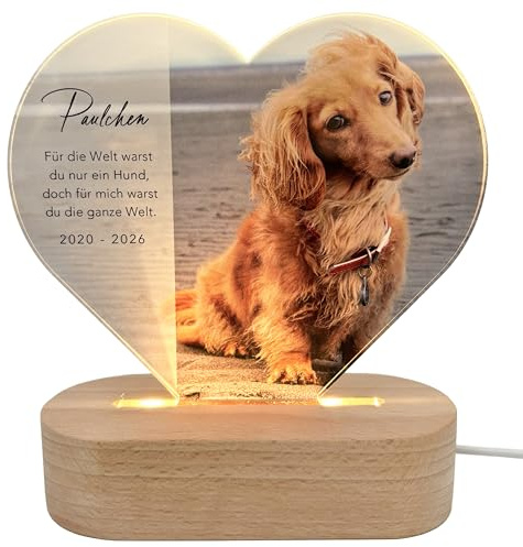 DEL MÀ Unique & Personal Gedenktafel Hund Andenken an verstorbene Hunde LED-Lampe aus Acrylglas personalisiert zur Erinnerung & Trauer Glasherz mit Foto Geschenk für Katzenbesitzer inkl. Holzfuß