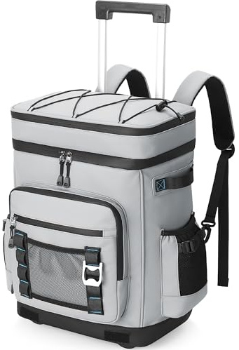 YOUNGOA Rolling Cooler Backpack, 30L Large Insulated Waterproof Cool Bag Rucksack with Wheels, Learproof Picnic Backpack For Men & Women