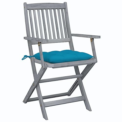 HFMDRMU Klappbare Gartenstühle 2 STK. mit Kissen aus massivem Akazienholz, grau lasiert, Holz Essstühle mit Polster für Terrasse, klappbare Holzstühle für Mahlzeiten im Freien, belastbar