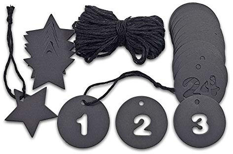 Frau WUNDERVoll 24 gestanzte Adventskalenderzahlen - schwarz - aus stabilem schwarzen Papier inkl. 8 Meter Schnur + 6 Stern Anhänger/Weihnachtsanhänger/Weihnachtskalender/Adventskalender Anhänger