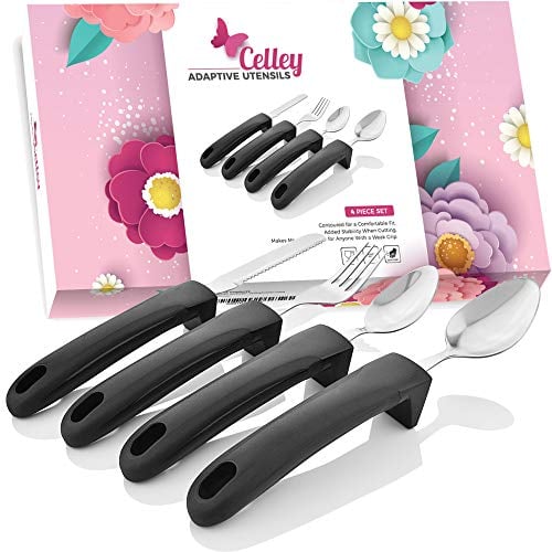 Celley Adaptive Utensils, Besteck für Senioren, zitternde Hände, Menschen mit Behinderungen, einfach zu greifen, 4 Stück, aus Edelstahl, Messer, Gabel, 2 Löffel