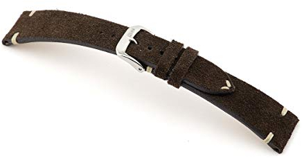 RIOS1931 Hudson Uhrenarmband aus Wildleder handgefertigt in Deutschland Klassisch, Dunkelbraun, Silberne Schließe, 20mm, Riemen
