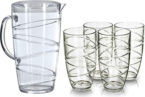 FiNeWaY Set of 5 Swirl Plastic Acrylic Drink Tumblers Glasses Hi Ball Glass with 2L Pitcher Jug with Lid Party Picnic BBQ Camping Garden (5pc Clear Set)
