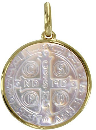 LES POULETTES BIJOUX - Pendentif Plaqué Or et Nacre Médaille Ronde Croix de Saint Benoit