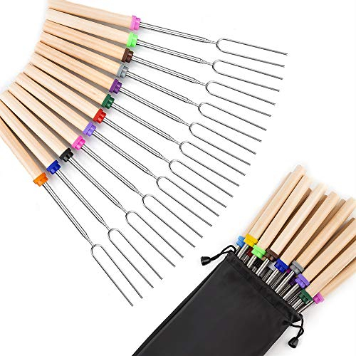 Fzbjayoon 12 pcs Marshmallow Roasting Sticks Marshmellow 32 Inch Long Fork Telescoping Hot Dog Forks BBQ Skewers Camping Accessories with Wooden Handle Extendable Forks