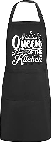 POTALKFREE Lustige Schürzen für Frauen mit 2 Taschen, Königin der Küche, verstellbares Lätzchen, wasserabweisend, Kochschürze, Geschenke für Mutter, Ehefrau, Freunde, Queen of the Kitchen Black