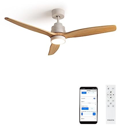 CREATE / WINDSTYLANCE DC/Ventilatore da soffitto con WIFI con luce, motore DC bianco, con pale in legno naturale/Silenzioso, 2 altezze, timer