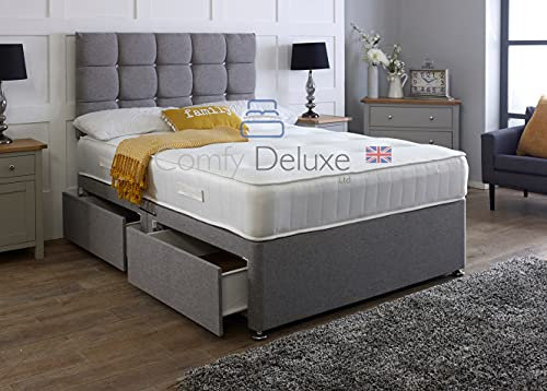 Comfy Deluxe LTD Luxury Linen Fabric Divan Bed Set With Memory Sprung Mattress And Matching Cube Headboard (Grey, 2FT6 Small Single 0 Drawer)