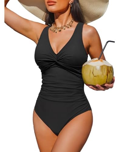 Holipick Black Women Tummy Control One Piece Swimsuit - Push Up Bathing Suit Full Coverage Slimming Swimwear M