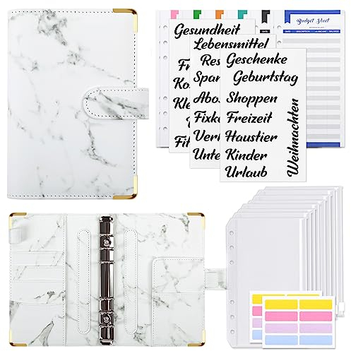 KONVINIT Budget Binder A6 Ringbuch Budget Planner mit Geldumschläge,Budgetbogen,Etiketten,Budget Organizer für Geld,Geldumschläge Organizer für Anfänger,weiss