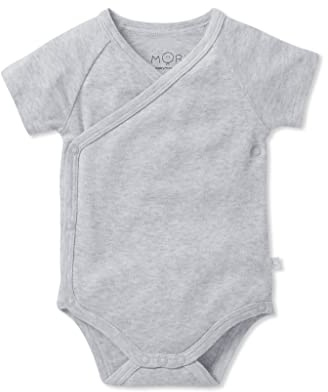 MORI Baby - Unisex Kimono Bodysuit in Grey - Short Sleeve-Organic Cotton and Bamboo - Breathable Infant Wrap-Style Bodysuit with Safe Nickel-Free Poppers - 0-3 Month