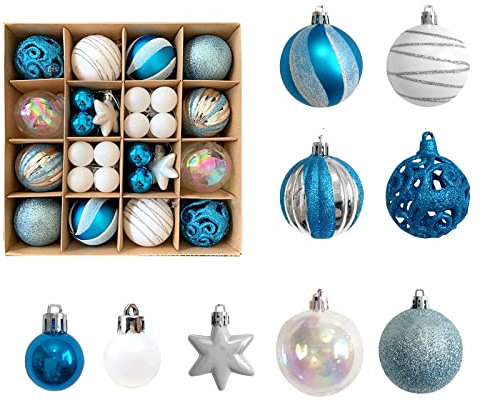 Christmas Tree Baubles Decoration Blue & White 44ct 6cm Xmas Tree Baubles Decoration Ball Ornaments Hanging Baubles Shatterproof Glitter Decoration Pendant for Holiday Home Party Decor