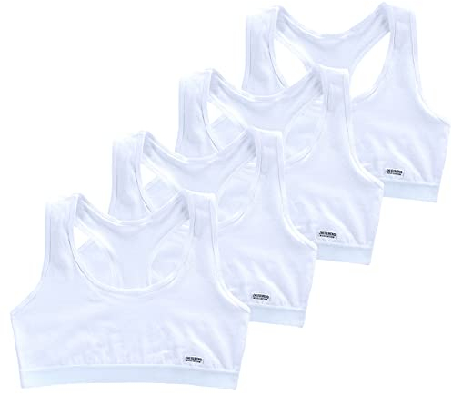Training Racerback Bras 9-14 Years Girl's Starter Seamless Sports Cotton Bras Thin Soft Breathable Bra - 4 Pack (White)