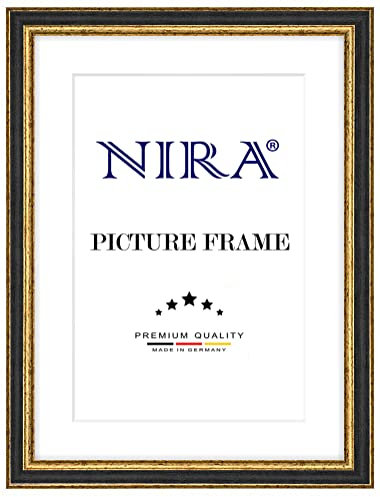 NiRa Massiv Holz Bilderrahmen 21 x 29,7 cm DIN A4 in Alt-Schwarz Gold | Farbe und Größe wählbar | Rahmen für Poster | Puzzle | Foto collage HD107