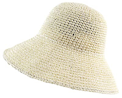 HESYSUAN Sombrero de paja flexible para mujer, sombrero plegable de ala ancha, sombrero de playa de verano, hecho a mano, sombrero de cubo de ganchillo para regalo para ella (blanco lechoso, M (5658