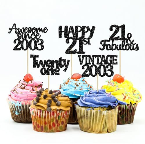 Gyufise 30 Stück Vintage 2002 Cupcake-Topper Glitzer Twenty-One Happy 21st Cupcake Picks Happy 21st Birthday Kuchendekoration für Happy 21st Birthday Fabulous Anniversary Party Supplies Schwarz