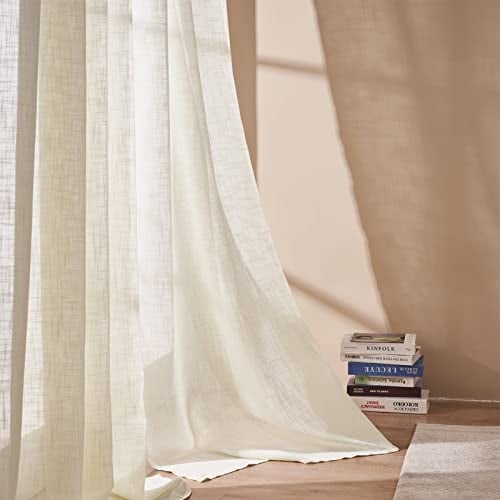 Topfinel Gardinen mit Ösen Leinenoptik 2er Set Sheer Vorhang Halbtransparent Stores Gardinen Beige 140 x 245 cm (B x H) Ösenschal Transparent Vorhänge Wohnzimmer Luftig Dekoschal für Schlafzimmer