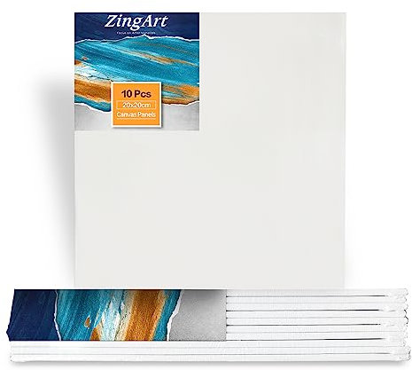 ZingArts leinwand zum bemalen,10 Stück, 20x20cm, leere Weiss Leinwandplatten, 100% Baumwolle, Flache Leinwand für Acryl, Ölmalerei, Aquarellfarbe