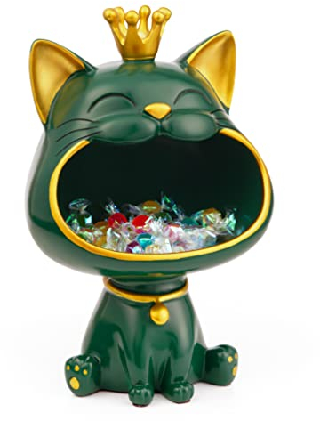 Efugadeng Glückskatze Statue Lagerung Box,Lachende Katze Schmuck Schlüssel Aufbewahrungsbox,Katze Figur Schmuck Tablett,Große Katzen-Skulptur-Statuegeeignet für Zuhause, Büro-Dekoration (Grün)